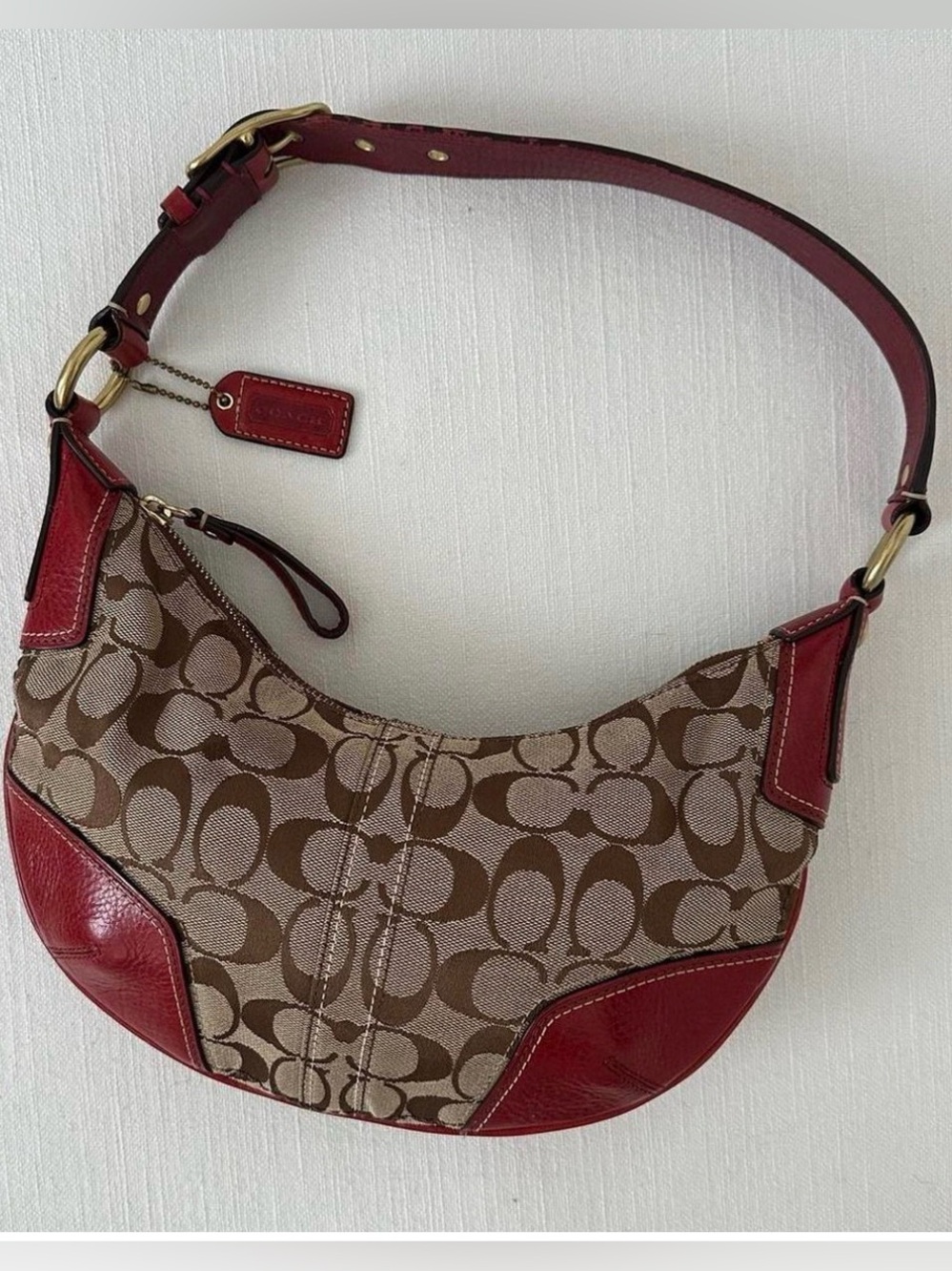 Vintage Coach Brown Signature Canvas Hobo with Red Leather Trim